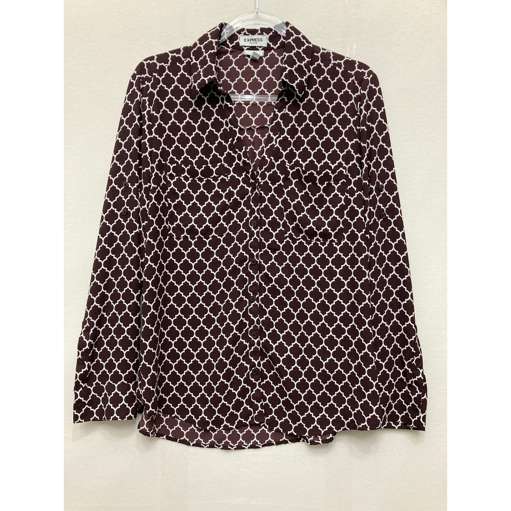 Express Portofino Slim Shirt Large Burgundy Geometric Button Down Office